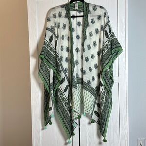 J. Jill Lightweight Kimono Ariana Green Block Print Cotton Boho Tassel OS
